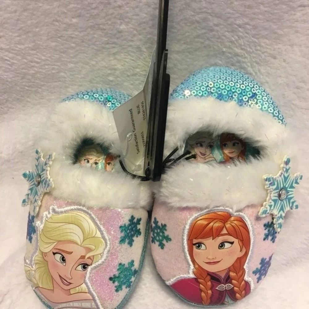 Disney Frozen Slippers Kids Size 11/12 Blue Pink NEW Anna Elsa Sequin Faux‎ Fur